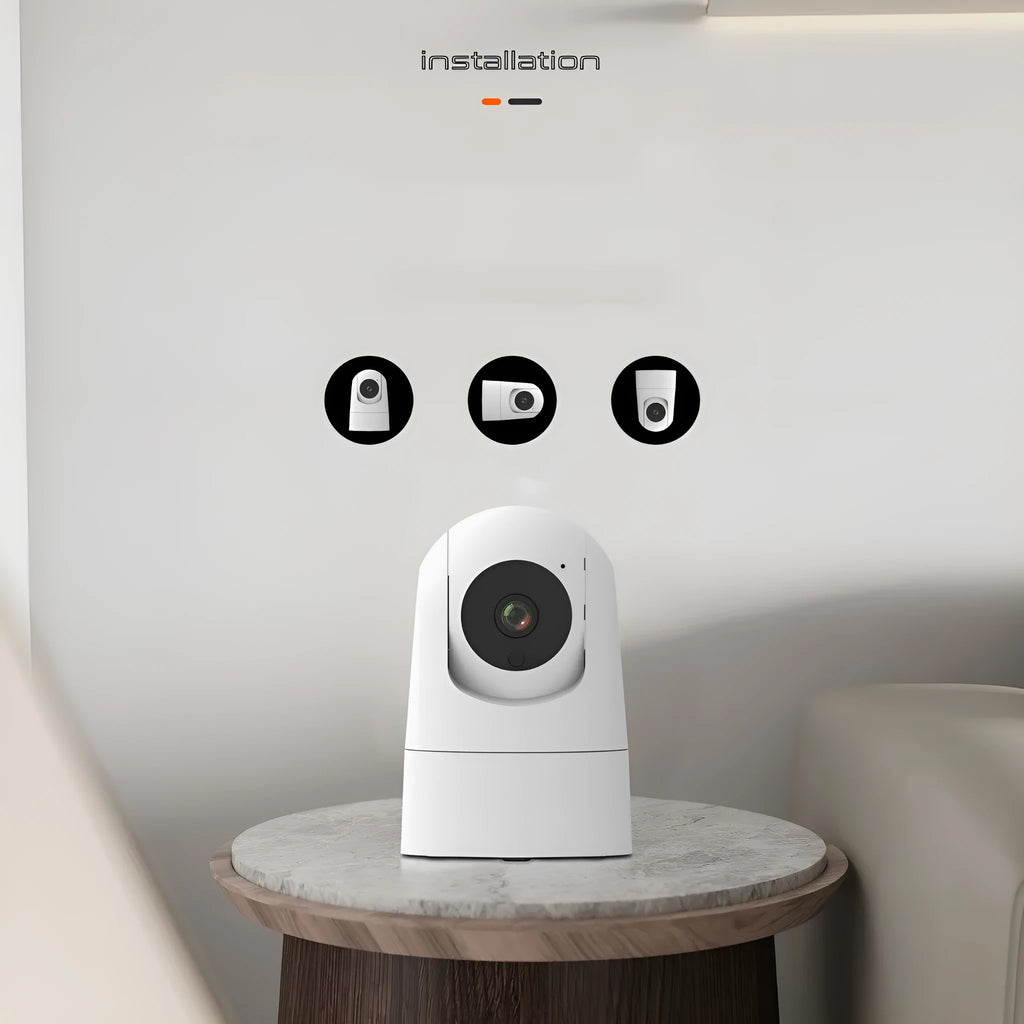 White indoor PTZ security camera on a stand with 360-degree rotation and two-way audio microphone.