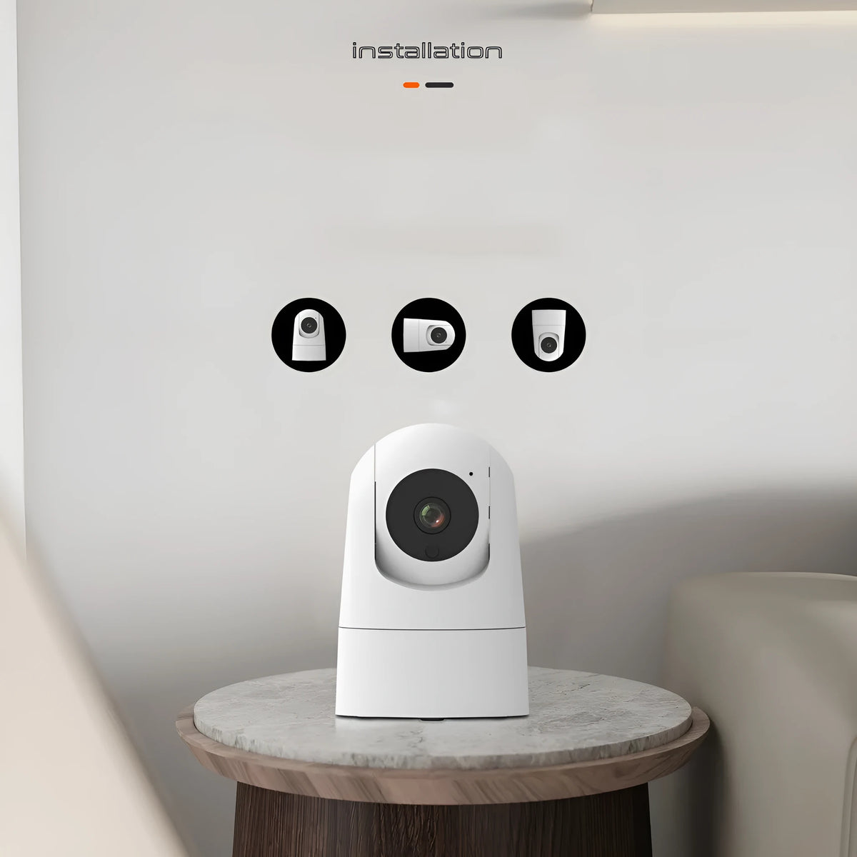 White indoor PTZ security camera on a stand with 360-degree rotation and two-way audio microphone.
