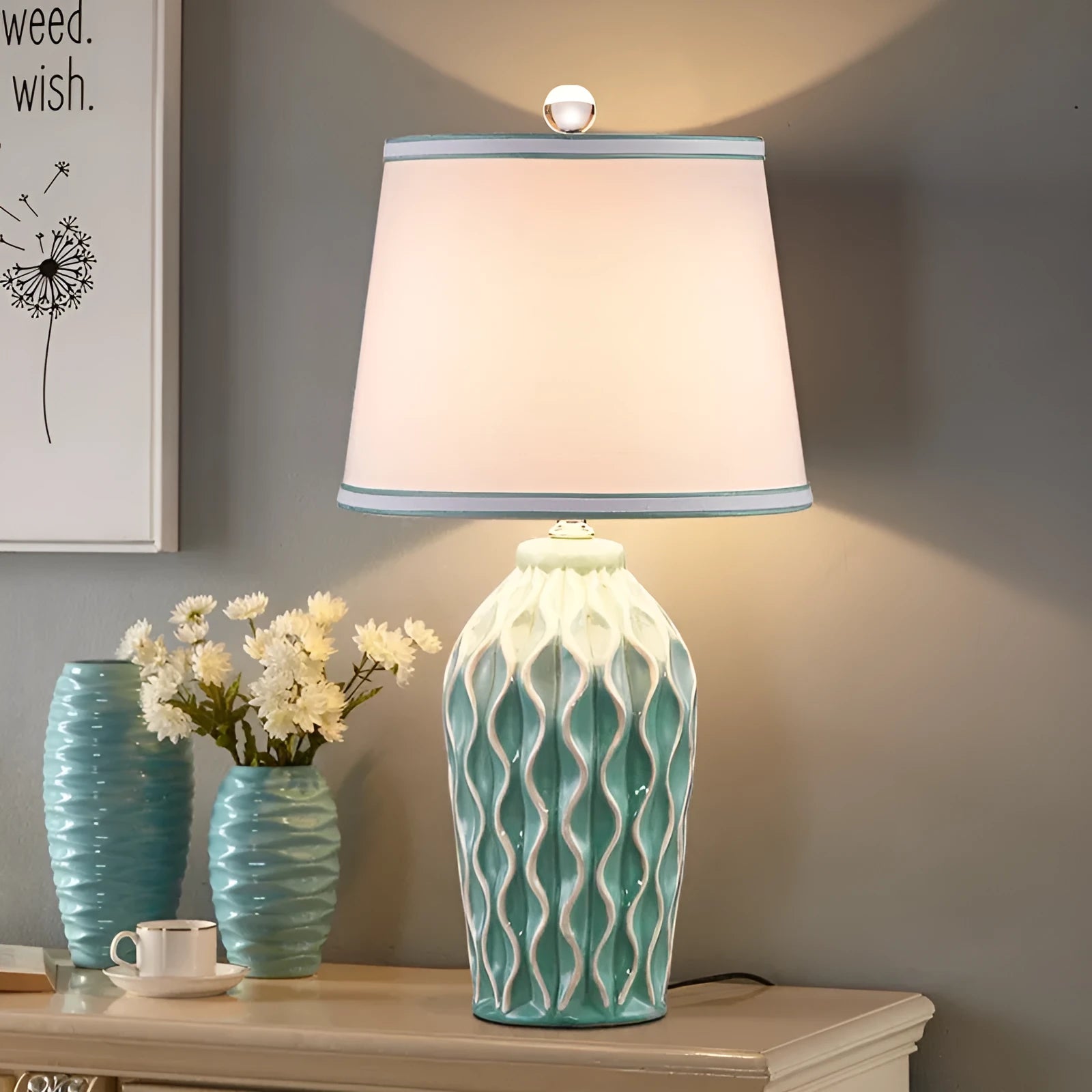 European style creative table lamp in warm ambience bedroom setting with multiple colour options
