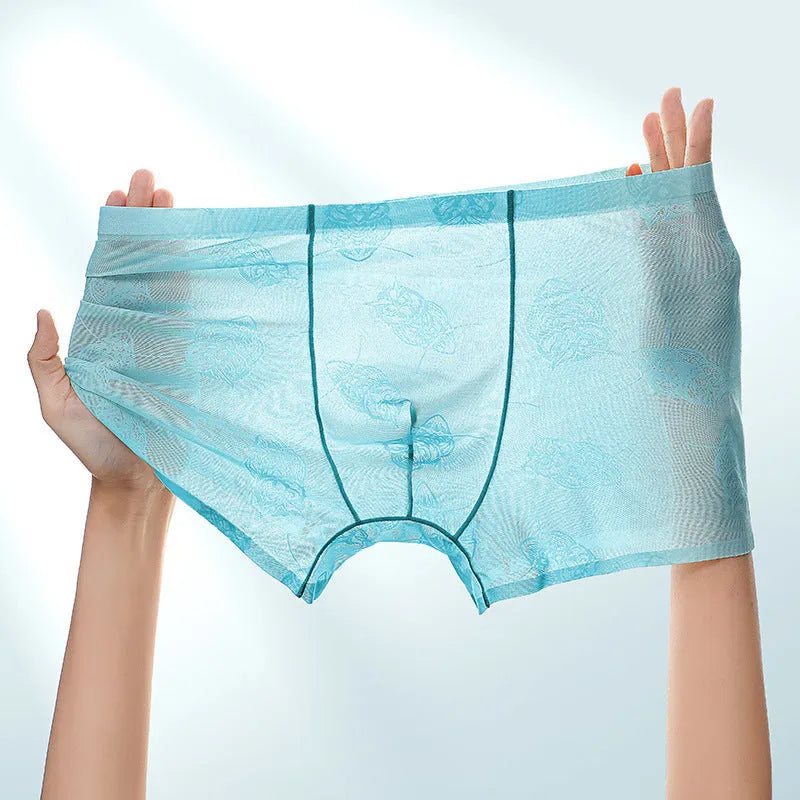 Men's ice silk seamless boxer briefs in mint green, black, light pink, light coffee, cyan, and sky blue