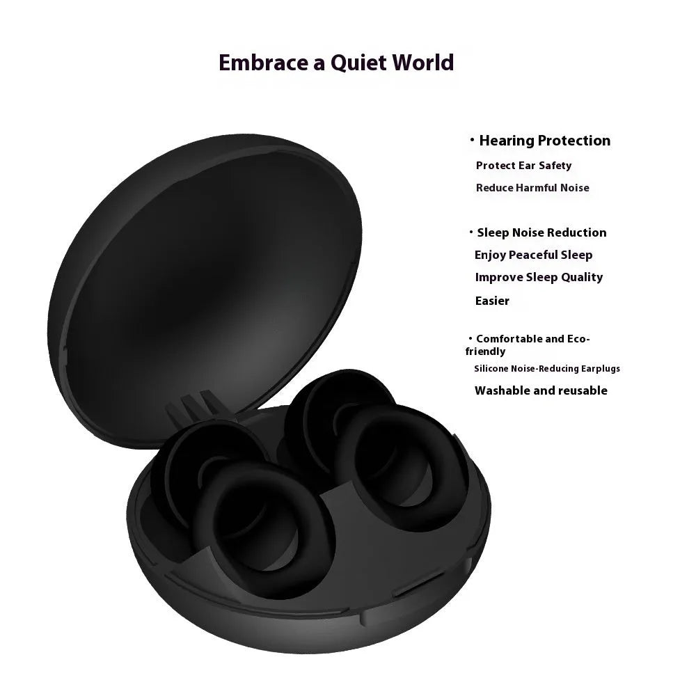 Silicone soundproof earplugs in five colours: black, blue, green, purple, and white