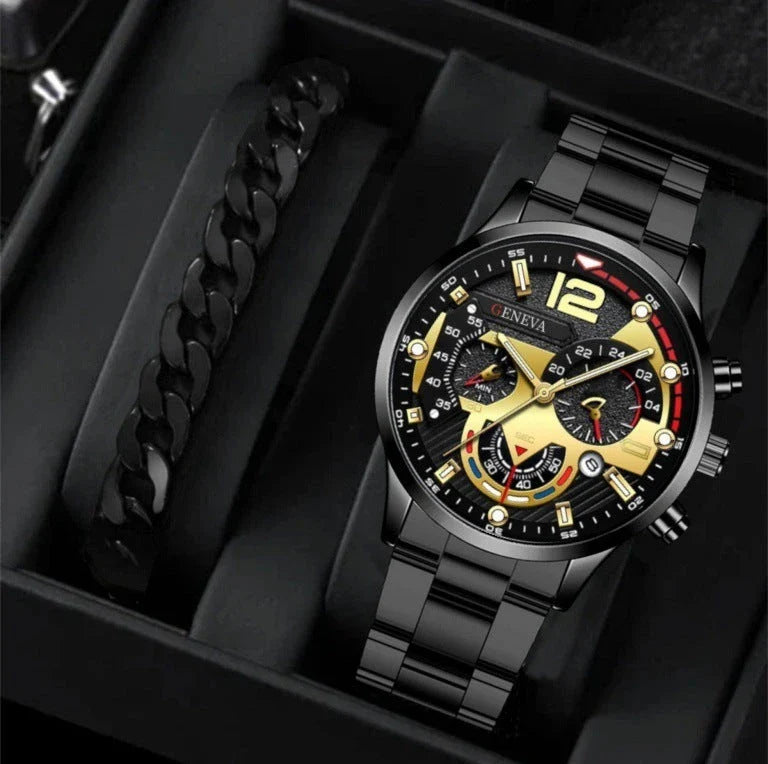 Stylish men's fashion watch and bracelet set with stainless steel case and leather strap, perfect for Valentine's Day gift