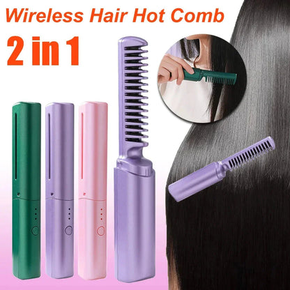 Cordless Hair Straightening and Curling Brush with 3D Teeth, Fast Heating, and Negative Ion Technology for Salon-Quality Styling Anywhere