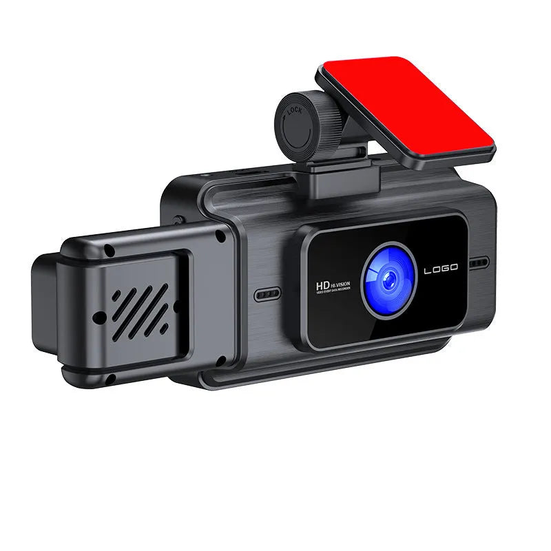 Black 3-lens car dash cam for front windshield with 3-inch screen and 170-degree wide angle lens