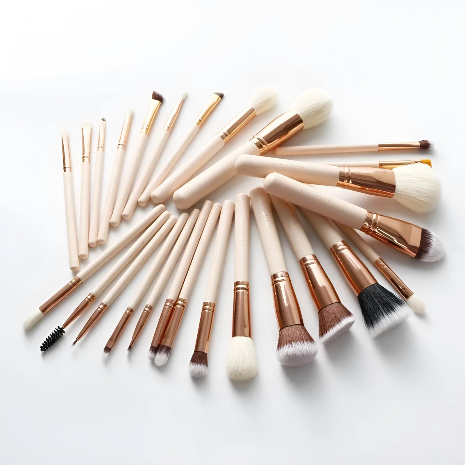 26 pink wooden handle makeup brushes with natural wool bristles in a PU storage bag.