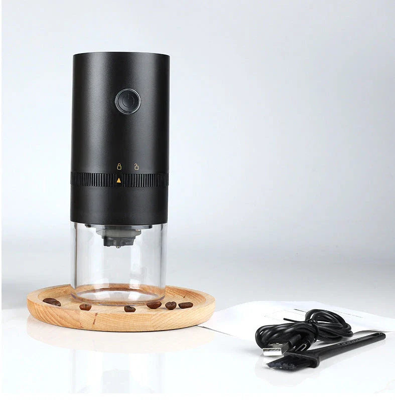 Portable USB-C powered electric coffee grinder with adjustable ceramic burr mechanism for freshly ground coffee