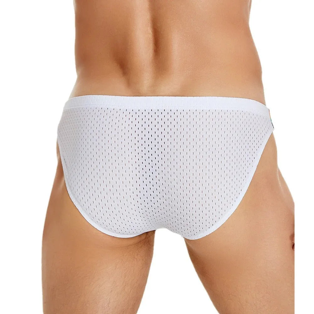 Men's black nylon mesh briefs with a low waist and multicolour rainbow waistband.