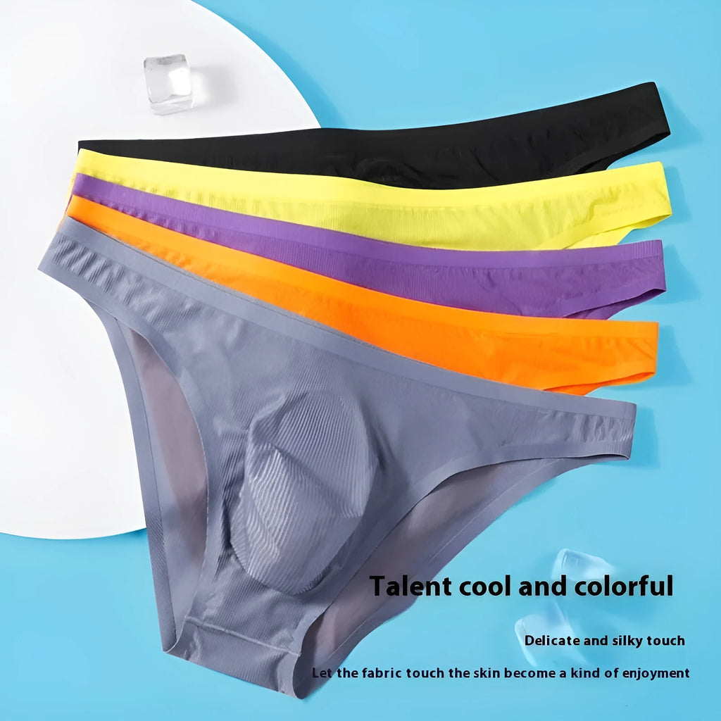 Men's seamless ice silk underwear briefs in stripe patterns showing ultra-thin translucent fabric