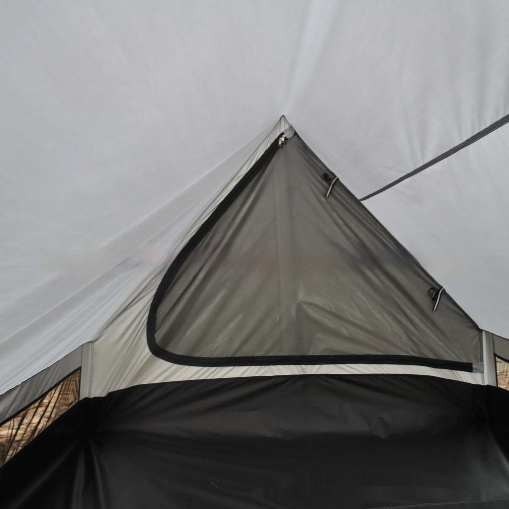 Brown or white A-line pole-free cabin tent for 2-3 people with hiking cane setup.