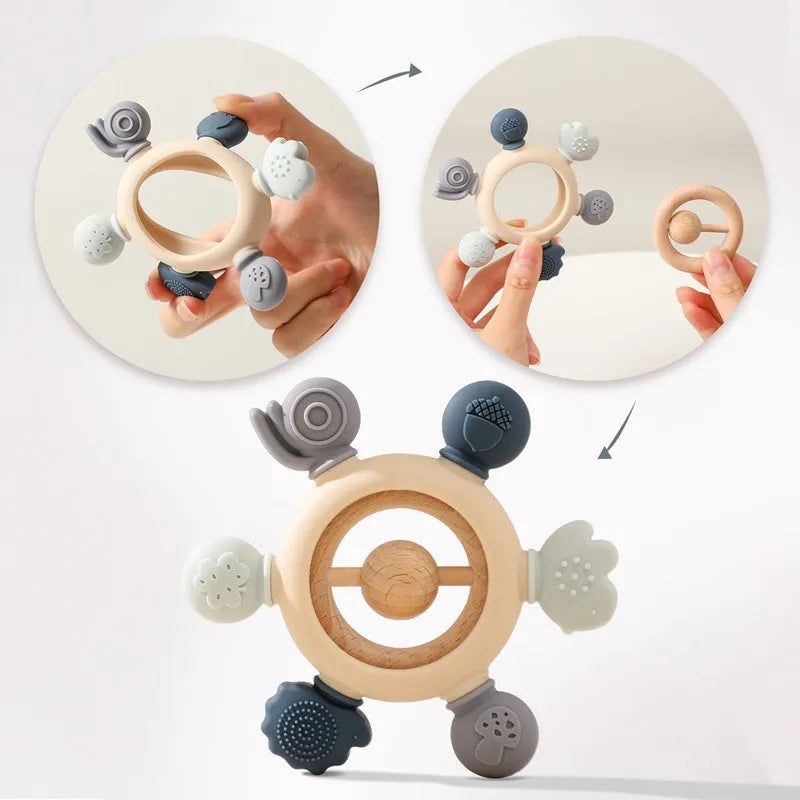 Baby's molars silicone yaoyaole teether rattle toy in pink, edible material for hand sucking prevention