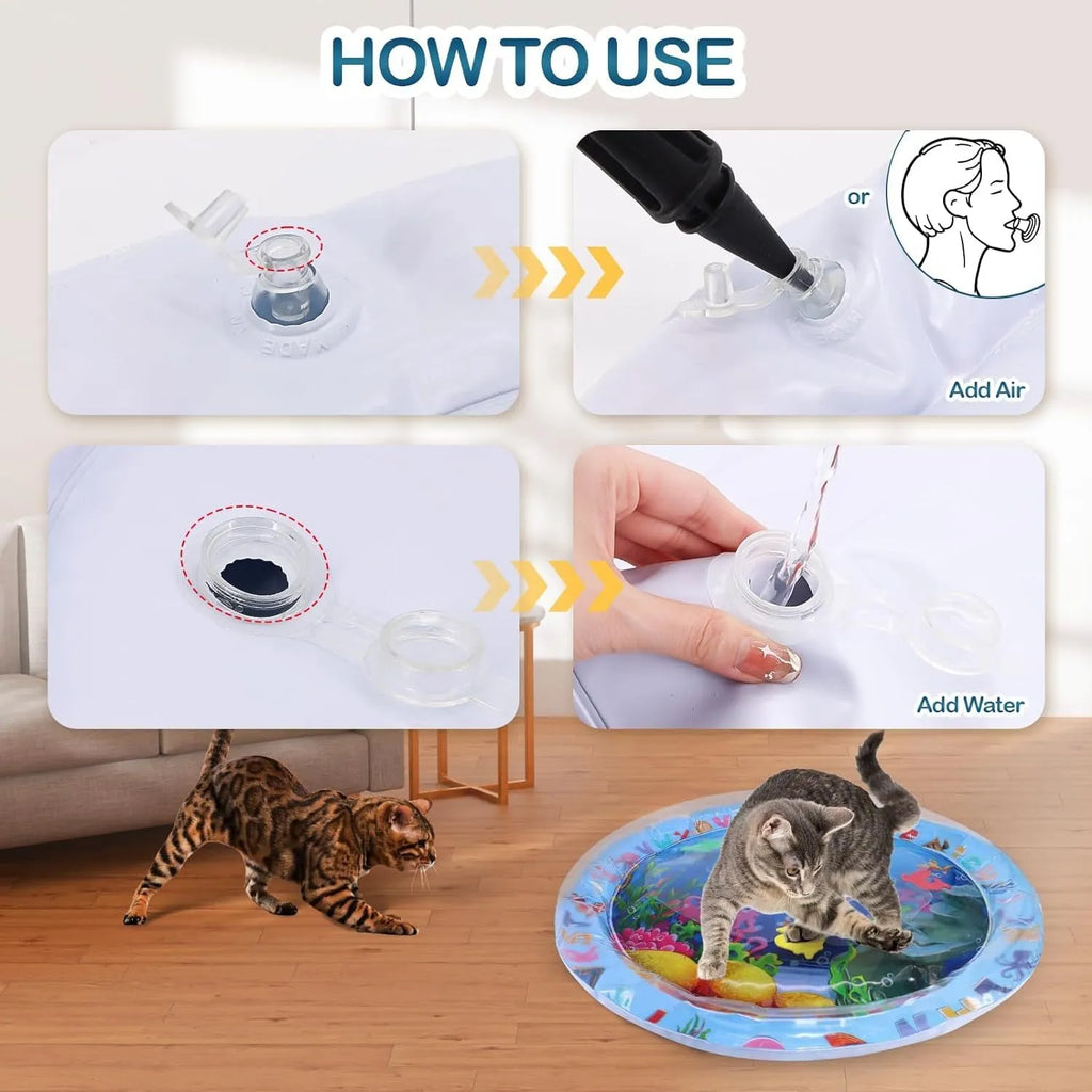 Thickened PVC water playmat for cats and dogs on a floor, showing floating fish toys inside.