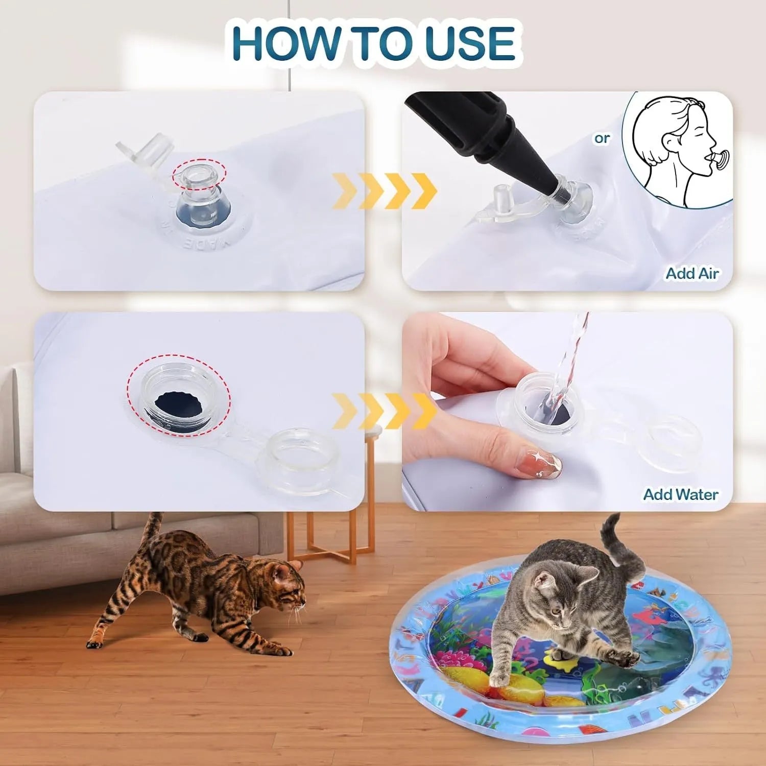 Thickened PVC water playmat for cats and dogs on a floor, showing floating fish toys inside.