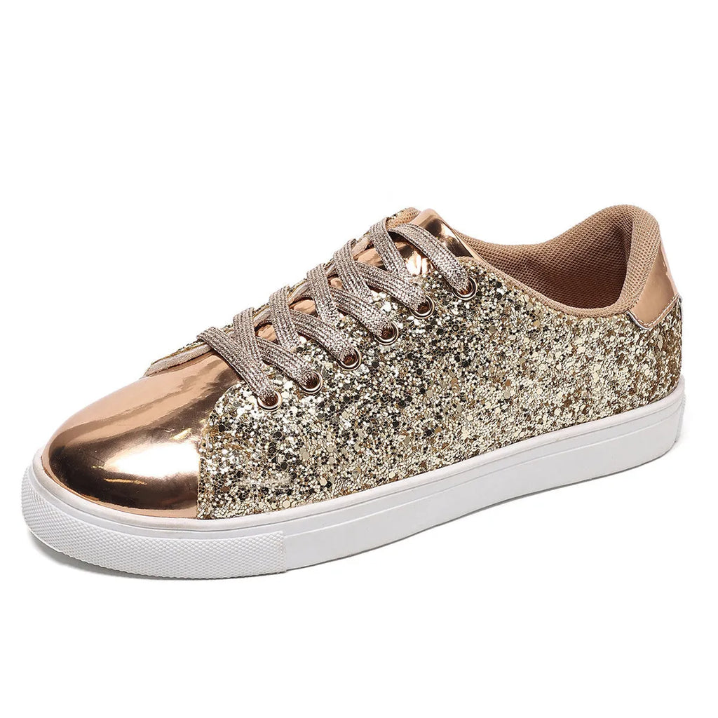 Women's plus size black sequin lace-up flat board shoes on a plain background