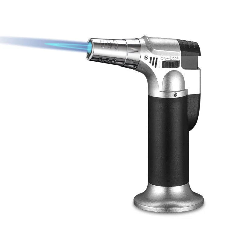 Portable straight cigar flame gun igniter in silver finish with 360° inverted ignition and butane fuel port