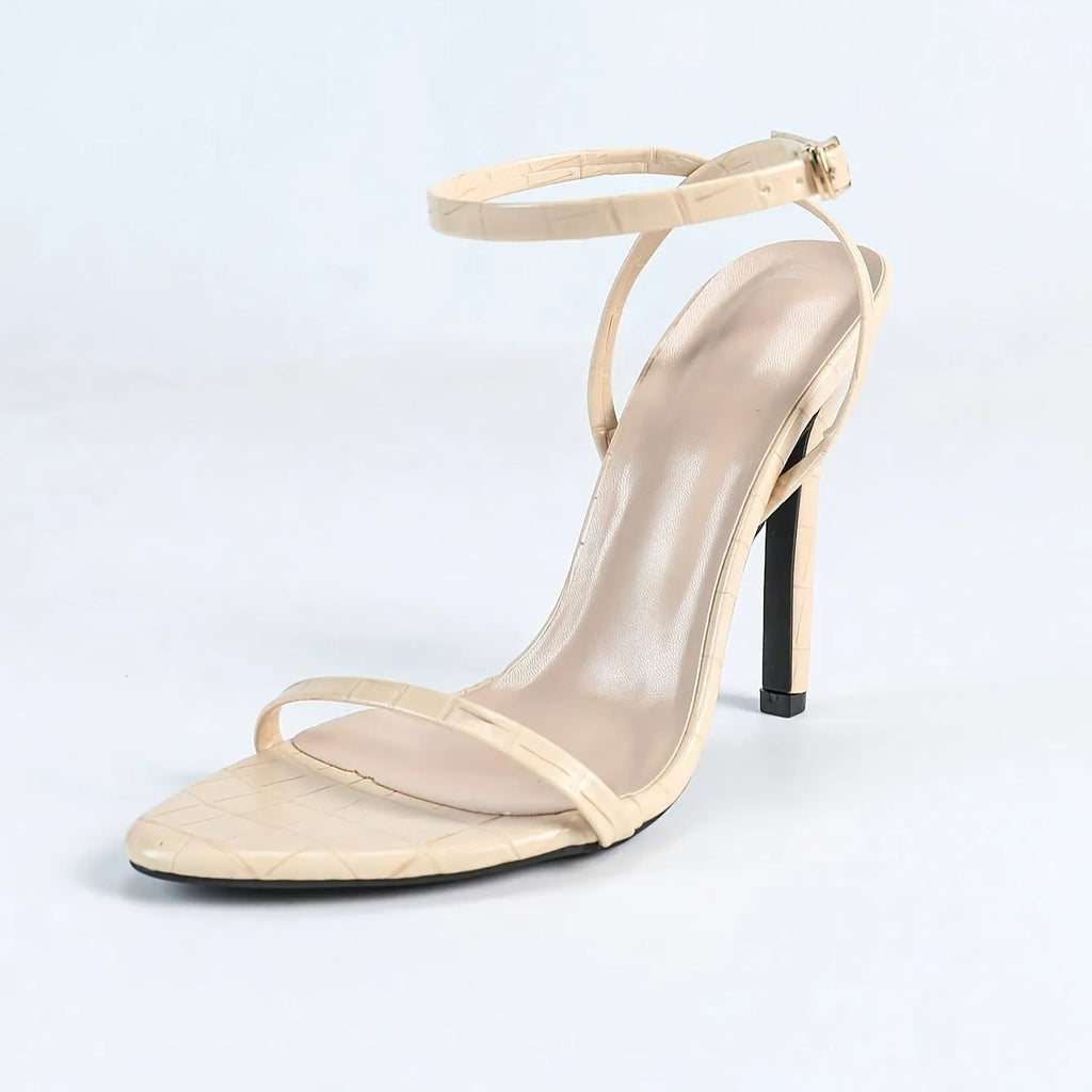 Open toe high heel women's sandals in apricot with back strap, round toe, and rubber sole