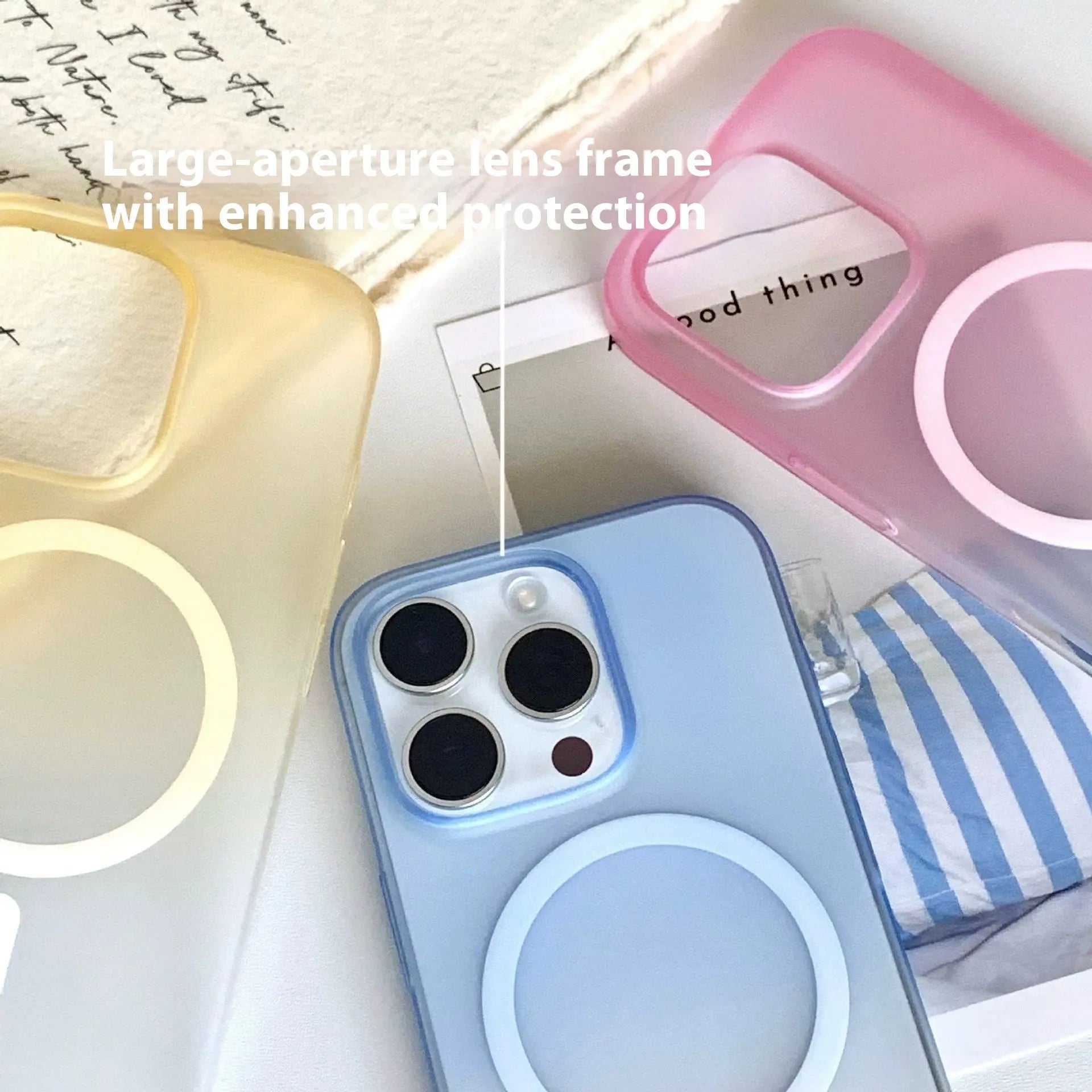 Frosted gradient colour magnetic suction iPhone case shown on a phone, displaying ultra-thin profile.
