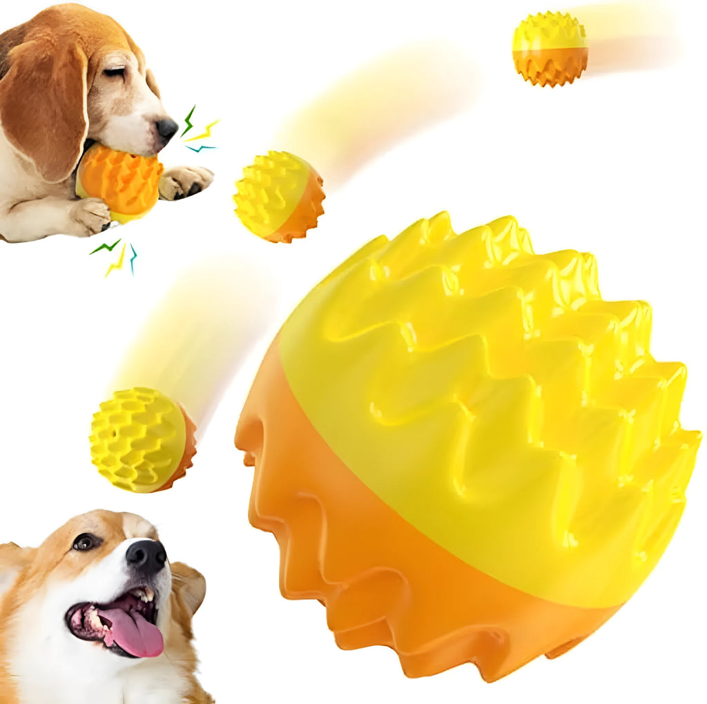 Blue squeaky dog ball toy with dental cleaning bumps and irregular texture for aggressive chewers