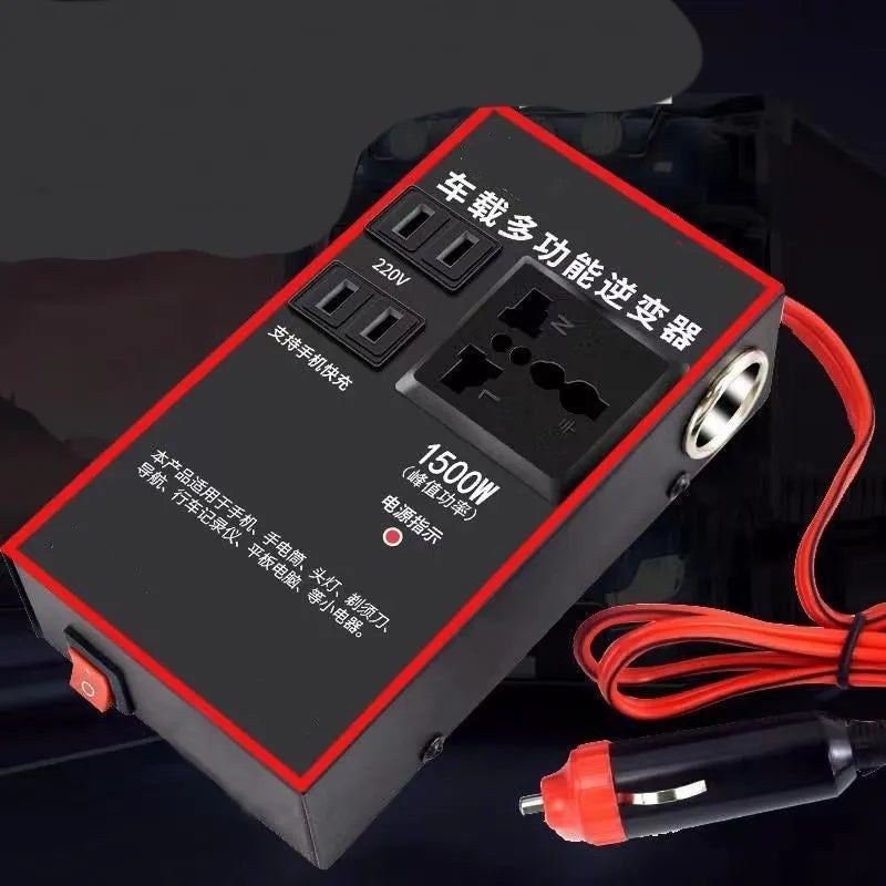 Black automotive power converter transforming 12V/24V vehicle power to 220V with USB charging ports