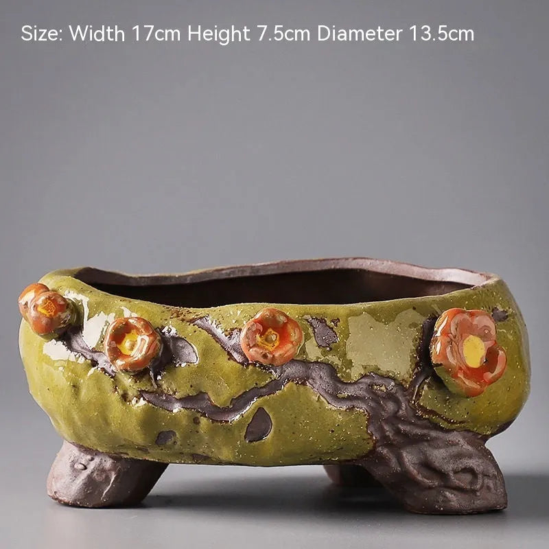 Hand-painted ceramic combination pot for meat plants and flowers with pastoral design