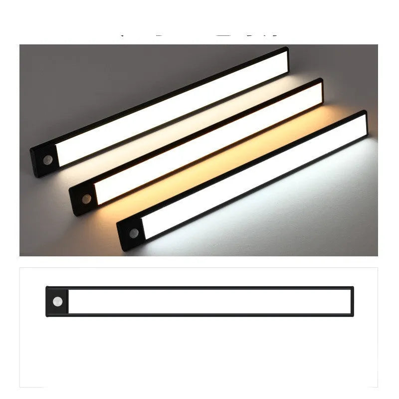 Thin rechargeable human body sensing light bar with aluminium alloy lampshade, silver or black trichrome, 20cm to 80cm.