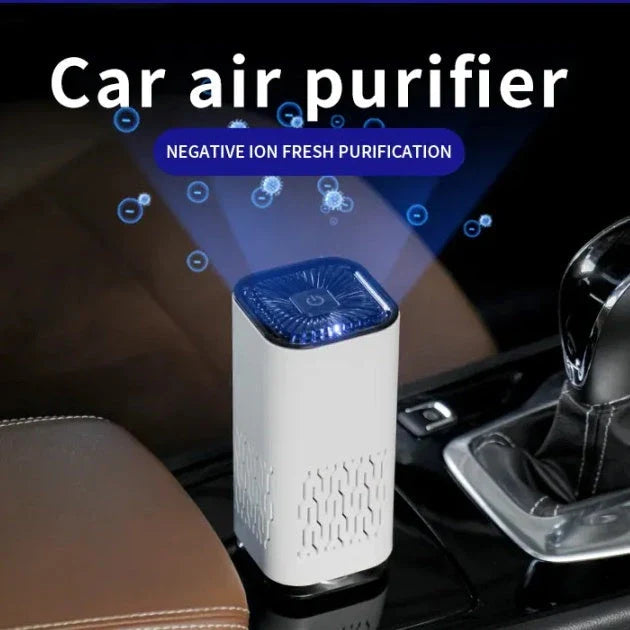 Compact, portable air purifier with dual-inlet design, negative ion generator, and efficient filtration for home and car use