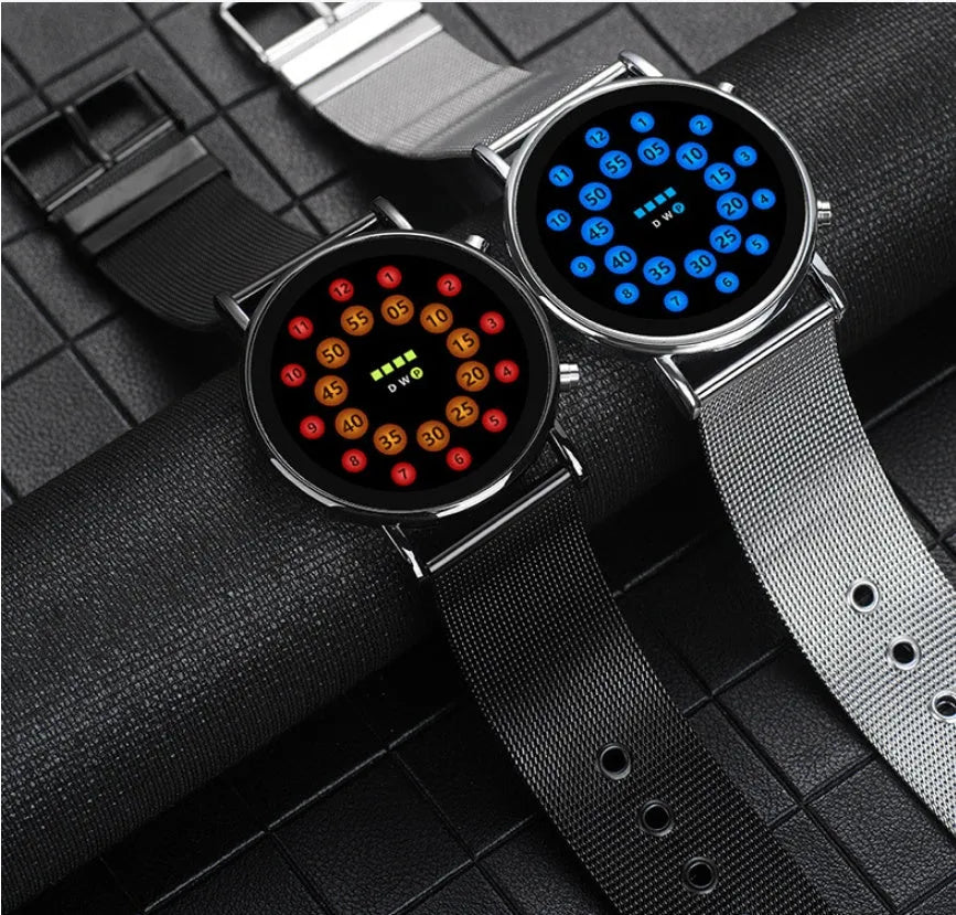 LED Ball electronic watch with round dial and stainless steel mesh strap on wrist