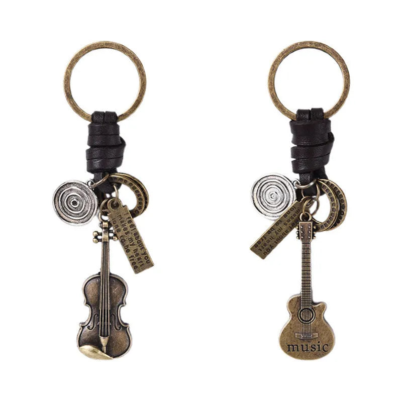 Alloy guitar keychain pendant with cowhide woven charm in retro design
