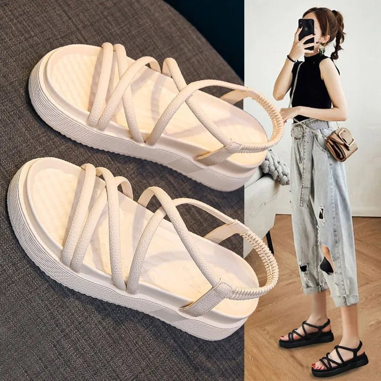 Women's black Roman platform sandals with round toe holder and TPR sole