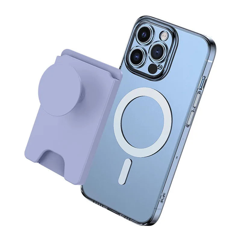 Minimalist magnetic desk phone holder for Apple iPhone in light purple colour.