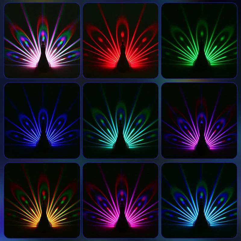 Romantic peacock projection lamp casting colorful feather patterns for ambient lighting