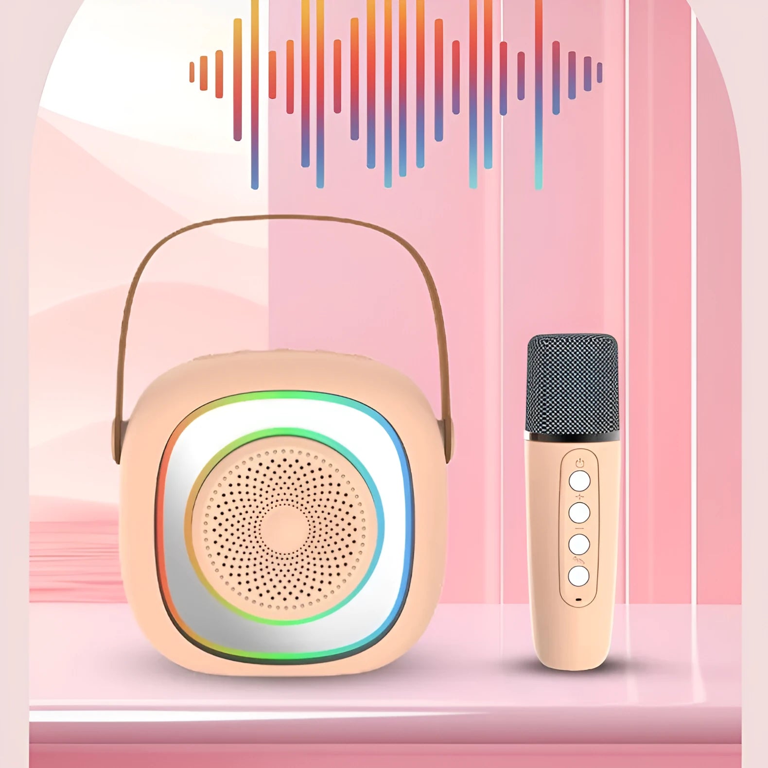 Wireless karaoke microphone with LED lights held next to its separate Bluetooth audio unit