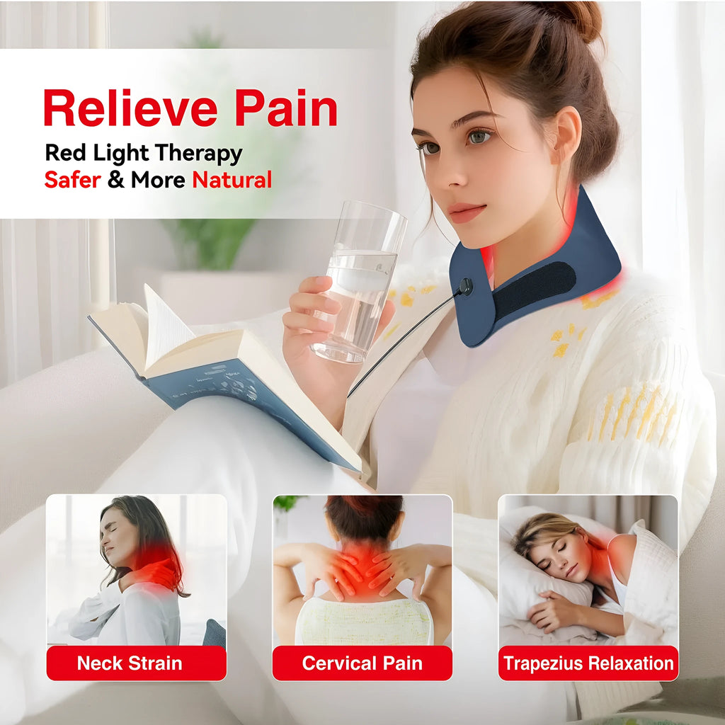 Dark sky blue and lime red light therapy neck mask for hot compress and pulse massage on cervical vertebra.