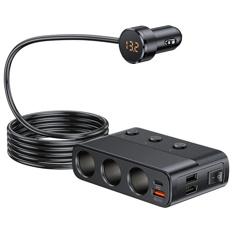 C28 Black vehicle cigarette lighter power adapter with USB and PD ports, 1 metre cable