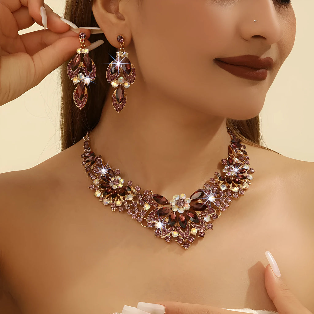 Gold crystal necklace and earrings set with alloy pendant, cross chain, and floral rose and wheat design