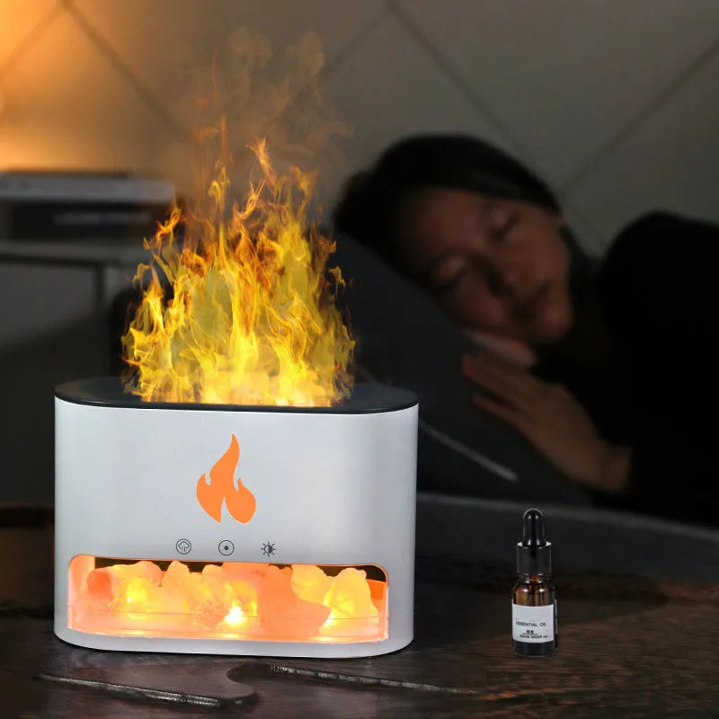 White square desktop humidifier with glowing 3D flame effect and colourful LED lights