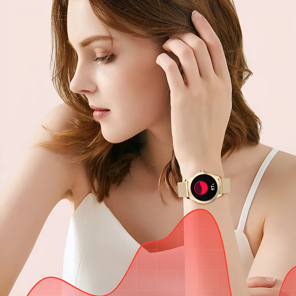 Women's smart watch with Bluetooth calling and health monitoring on Milan steel strap