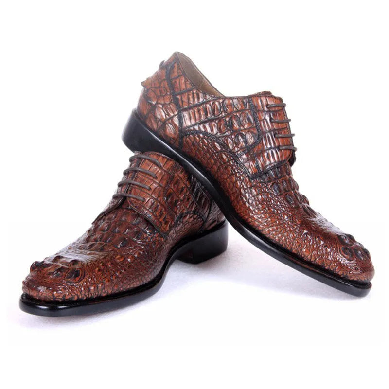 Men's brown crocodile skin dress shoes with leather sole, low-top business style, sizes 38-47