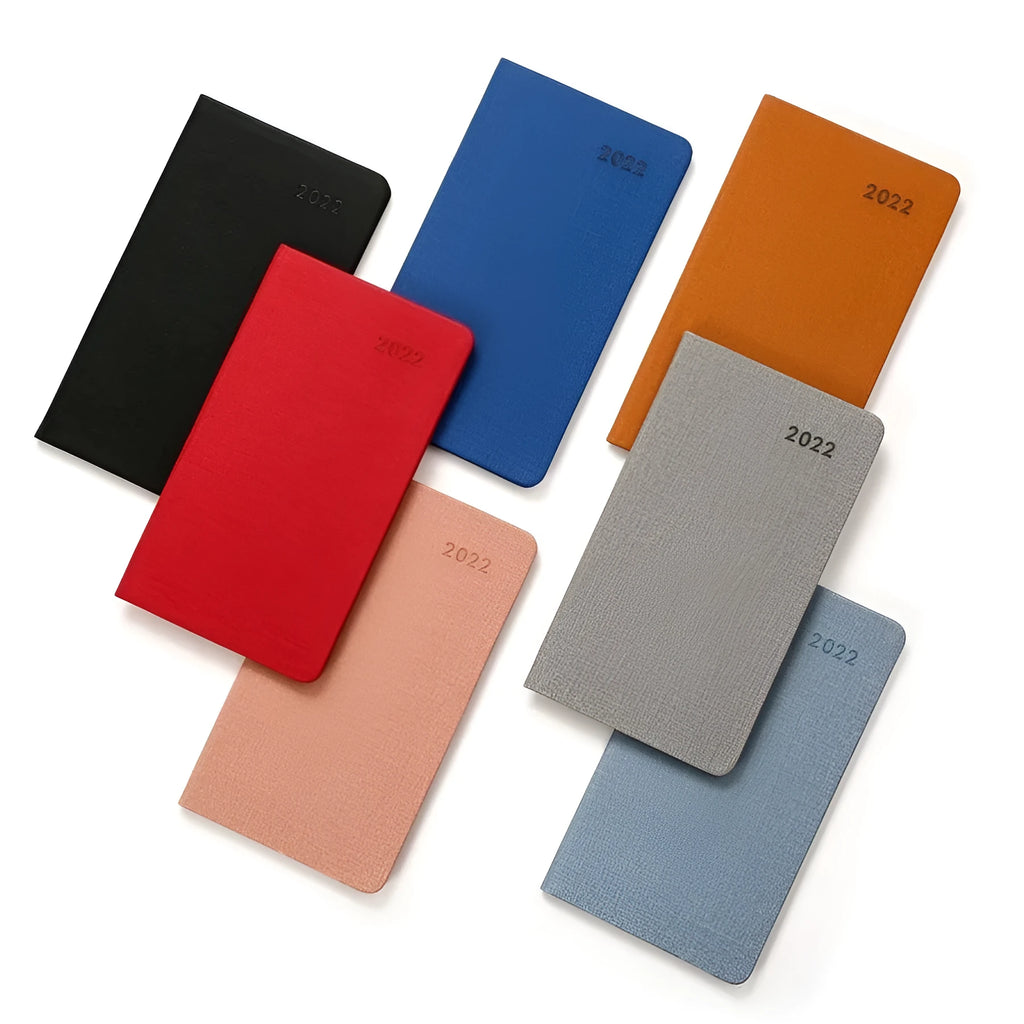 Monthly plan pocket notebook with PU leather cover in sky blue, A6 size, open to monthly calendar pages