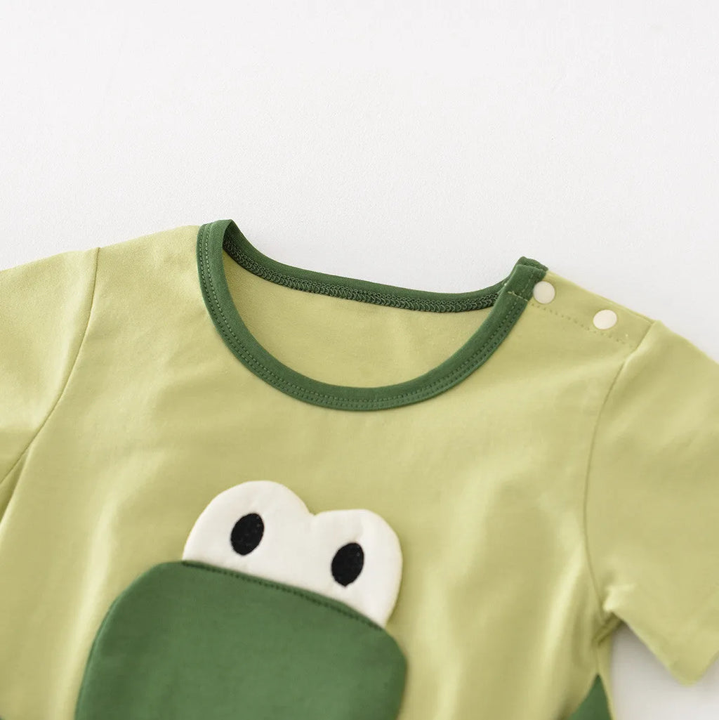 Light green cotton cartoon dinosaur full moon jumpsuit for infants with pullover closure