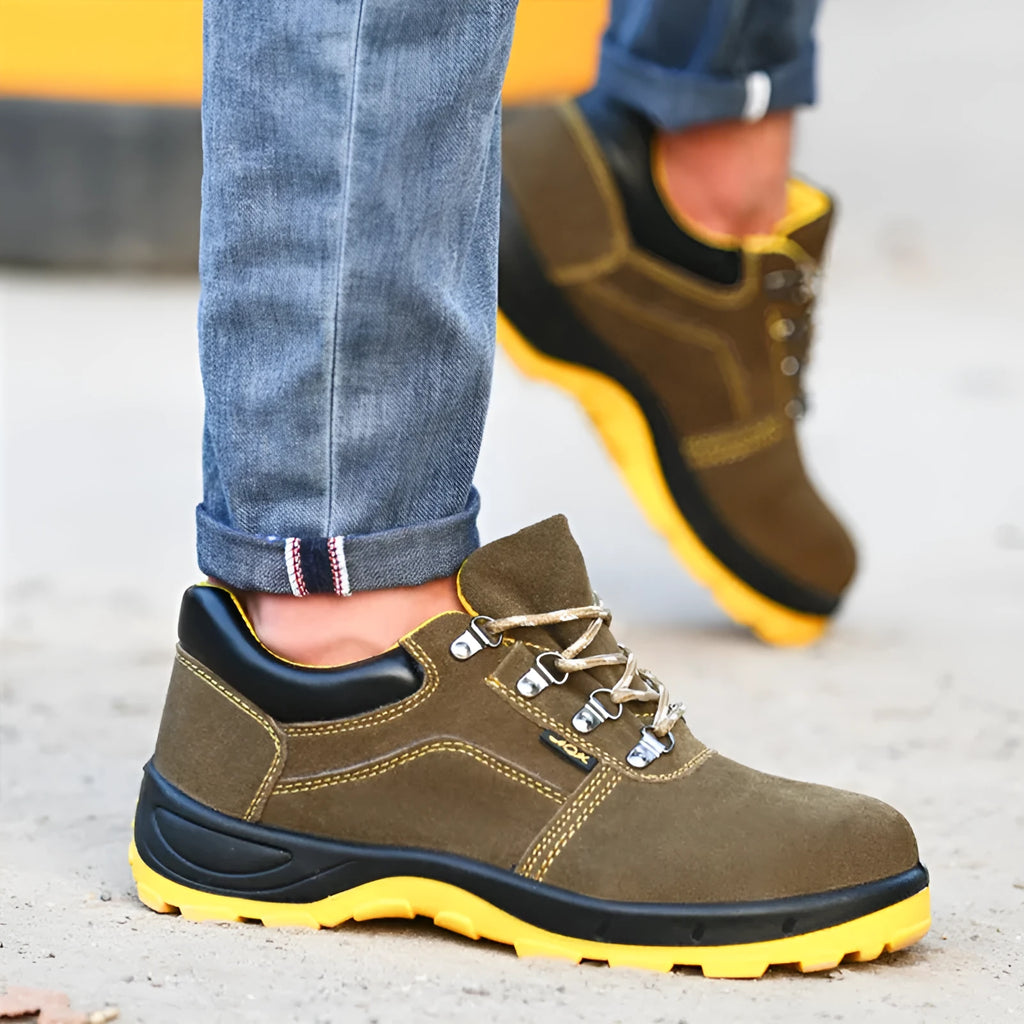 Men's bronze cowhide steel toe safety work boots with anti-skid sole.