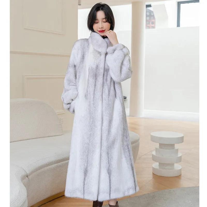 Women's white faux fur coat with stand-up collar shown at 80cm length