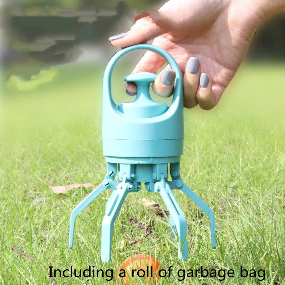 Blue portable dog pooper scooper with built-in bag dispenser and eight-claw shovel