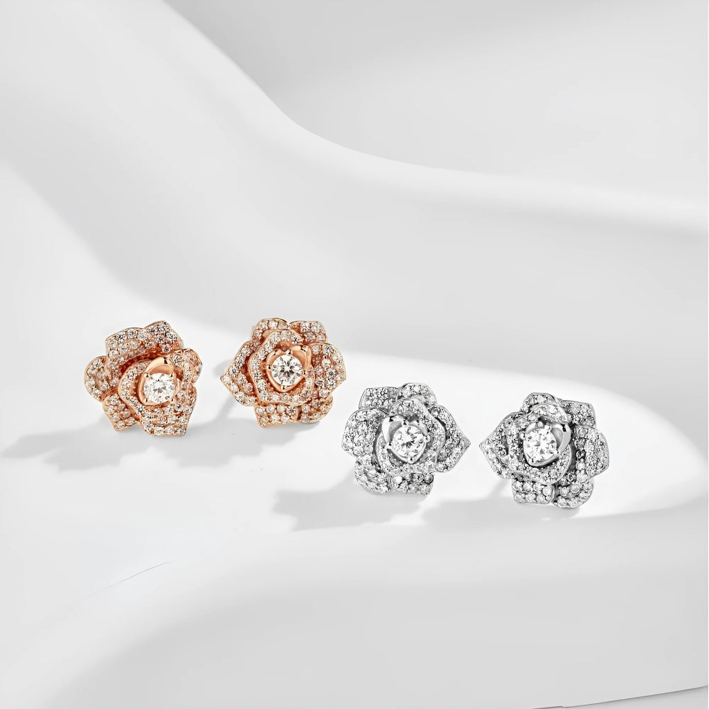 S925 sterling silver stud earrings with rose zircon inlay, flower and geometric shape, platinum or rose gold finish