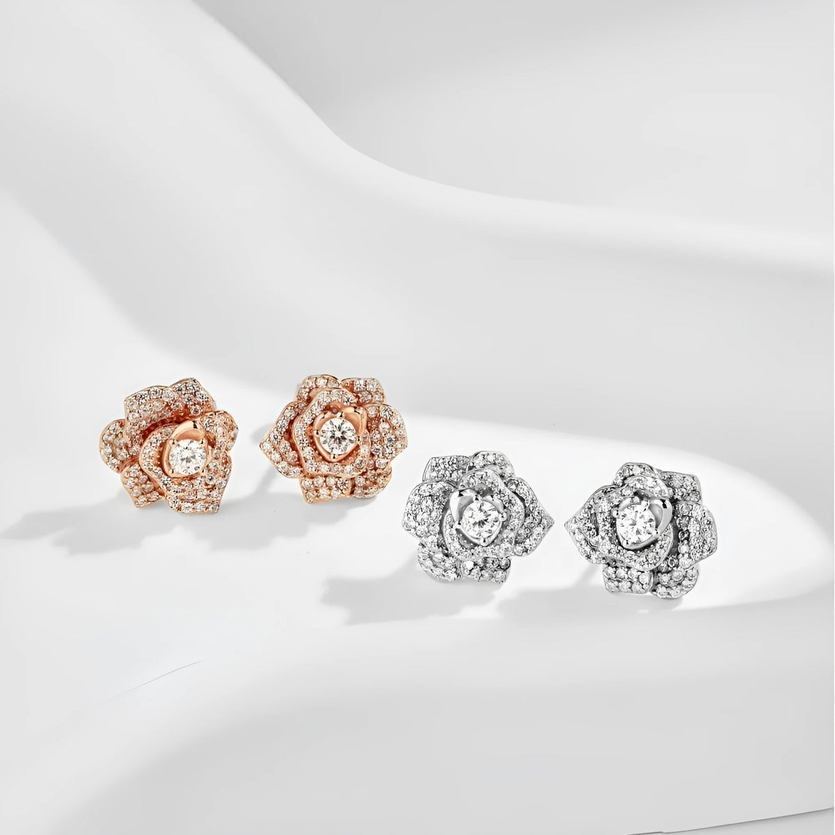S925 sterling silver stud earrings with rose zircon inlay, flower and geometric shape, platinum or rose gold finish