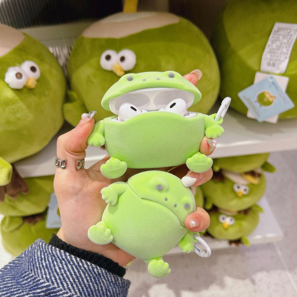 Flocking frog TPU protective case for AirPods with lanyard, embossed cartoon design, fits multiple generations