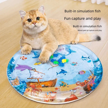 Cooling Pet Water Bed with fish-themed design, providing refreshing comfort for cats and dogs