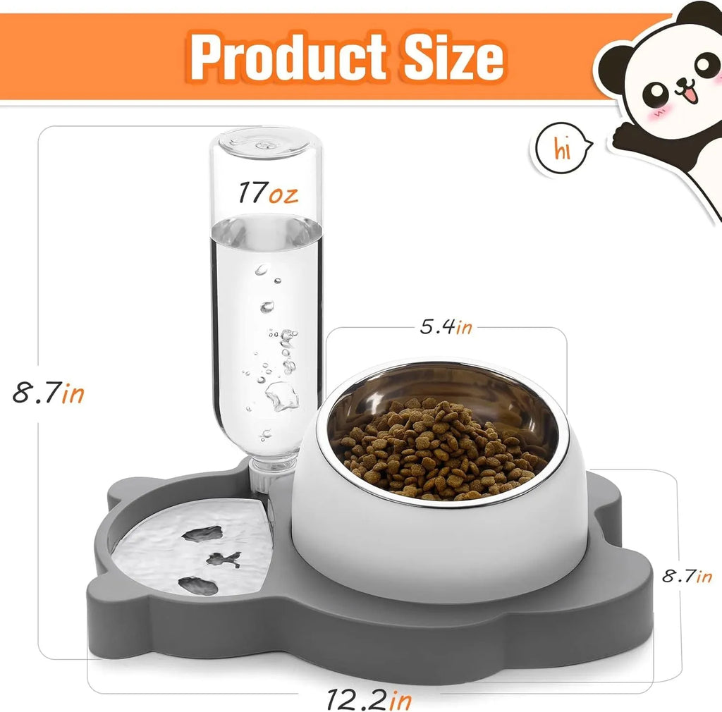 Grey and green panda-shaped raised pet bowl set with tilted bowls and a large water bottle.