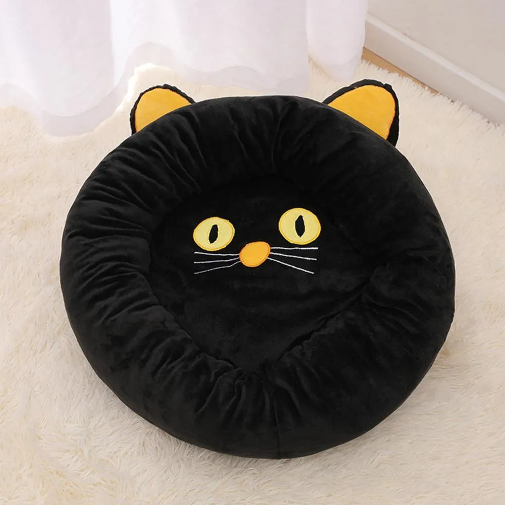 Black cat silhouette shaped velvet cat nest bed with raised cushioned edges