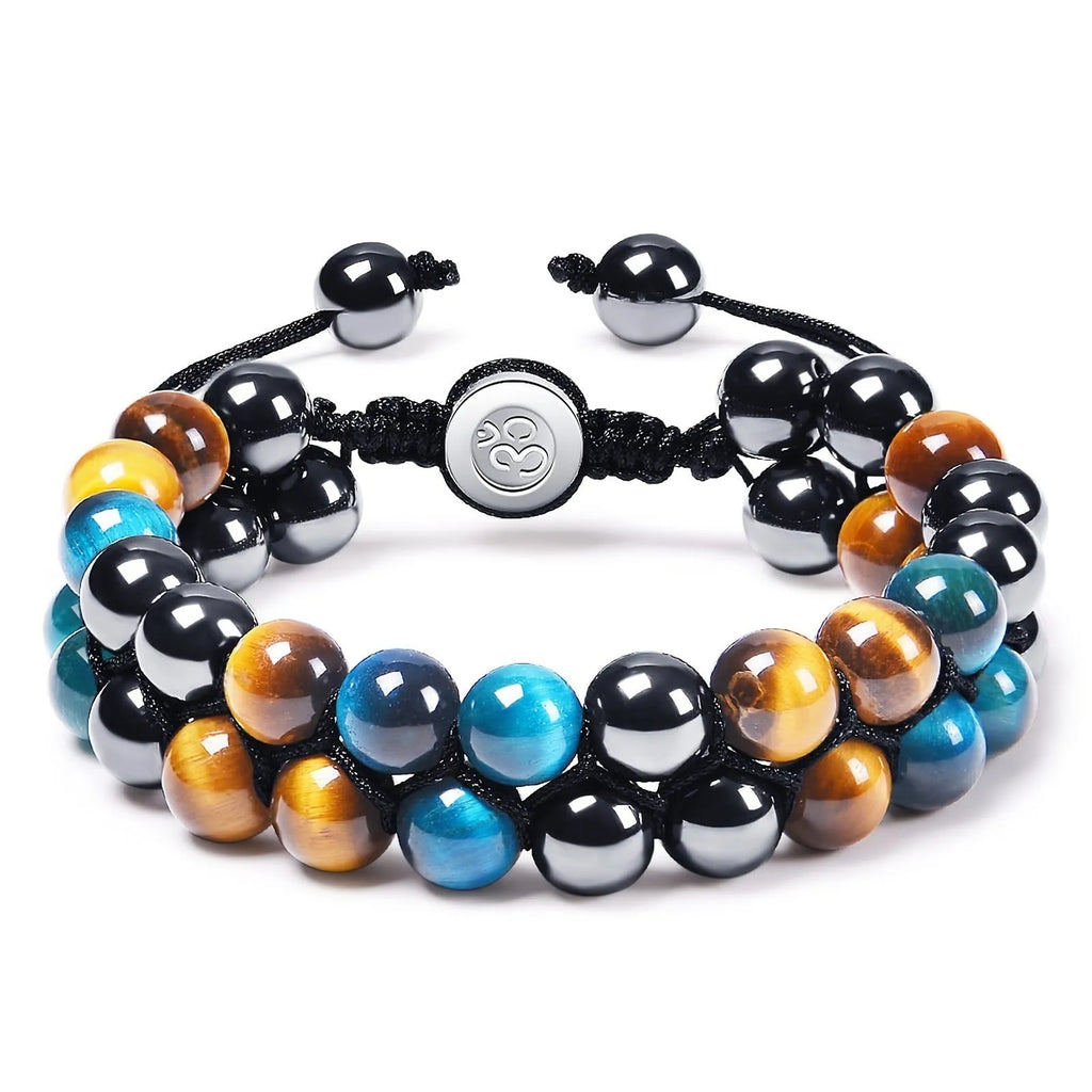 Men's unisex bracelet with tiger eye stone and volcanic rock beads in multiple colour combinations