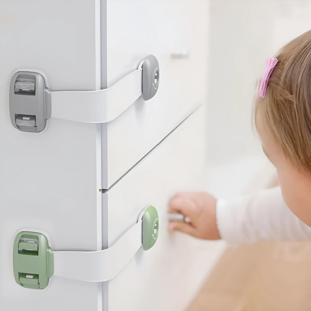 Adjustable child safety cabinet lock strap with 3M adhesive backing in grey colour